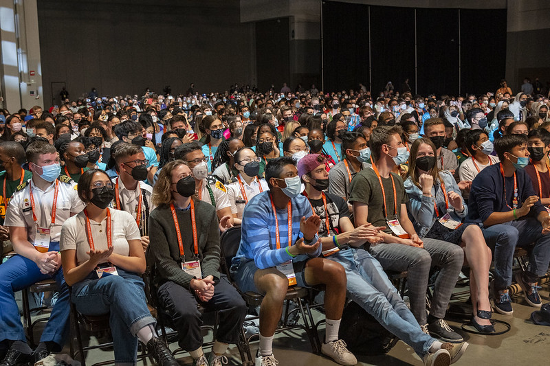 The crowd at Regeneron ISEF 2022 watches the opening ceremony.