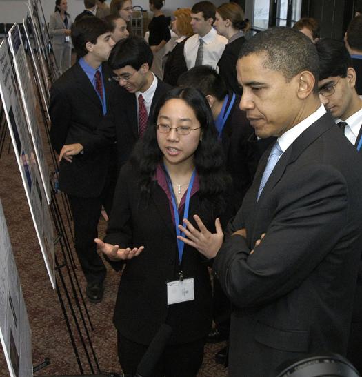 Then Senator Barack Obama viewed Cindy's project at the Intel STS 2006 Public Exhibition of Projects.