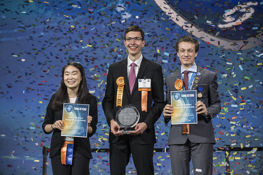 Amber Yang, Ivo Zell, and Valerio Pagliarino won the top awards at the Intel ISEF 2017. PHOTO COURTESY OF SOCIETY FOR SCIENCE & THE PUBLIC/CHRIS AYERS PHOTOGRAPHY.