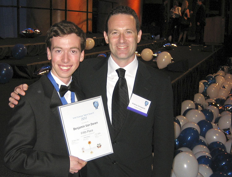 Benjamin and his research mentor Andrew Farnsworth at the Intel STS 2012 Awards Gala.