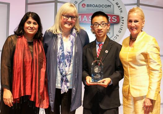 Nathan holds his award with President & CEO of the Society Maya Ajmera (left), Executive Director of the Lemelson Foundation Carol Dahl, and President of the Broadcom Foundation Paula Golden.