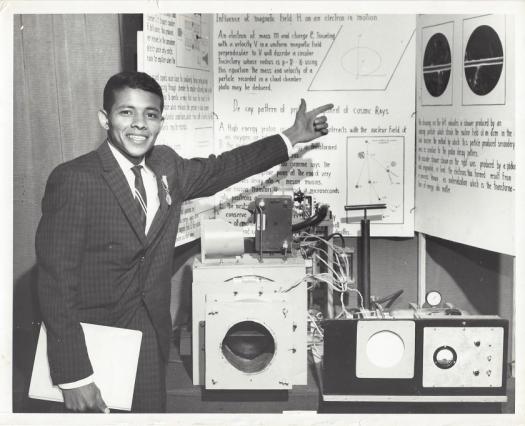 John Taboada Sr. in front of his project board at ISEF 1962