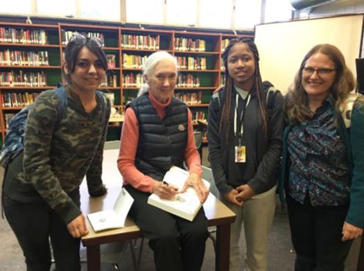 Linda (right) with a few of her students and Jane Goodall, who supported her school's garden.