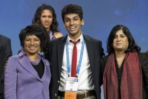 Trip winner Nabeel Quryshi poses with Society CEO Maya Ajmera and Intel Foundation President Rosalind Hudnell at ISEF 2018