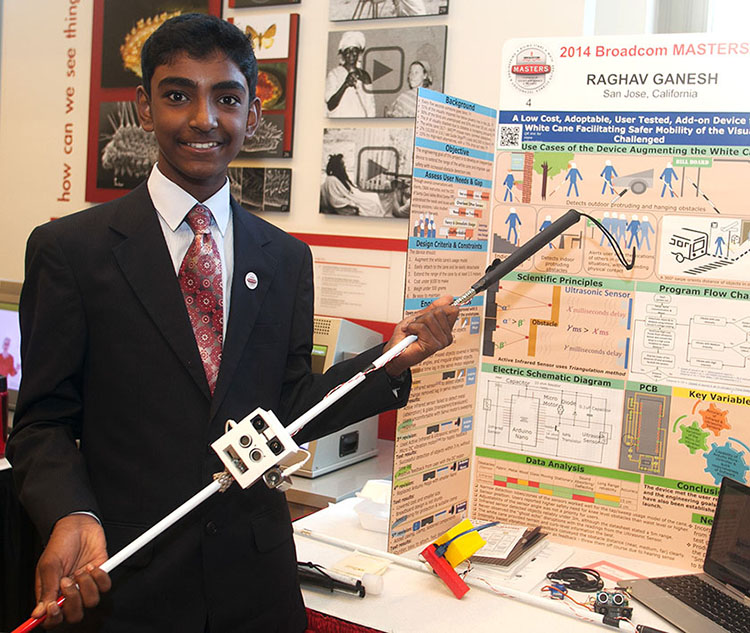 Raghav Ganesh won the Rising Stars Award for creating an interactive add-on for a white cane for the visually impaired at Broadcom MASTERS 2015. PHOTO COURTESY OF SOCIETY FOR SCIENCE & THE PUBLIC.