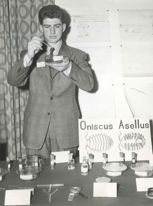 Andrew Sessler with his project at the 1945 Westinghouse Science Talent Search.