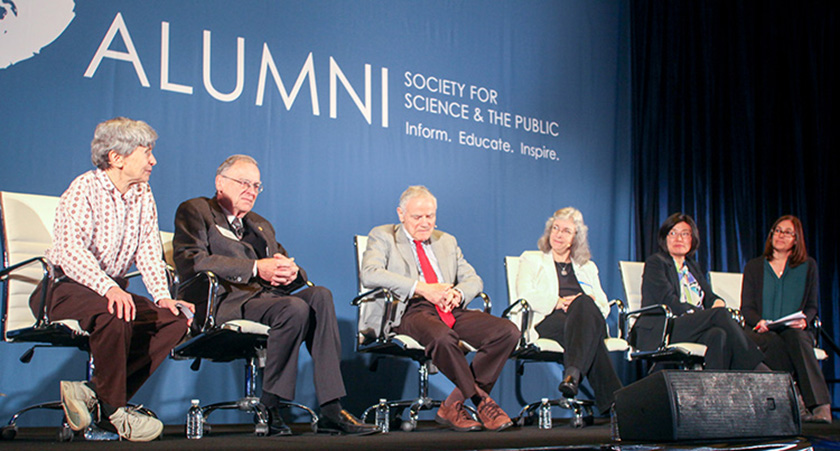 From left: Westinghouse STS alumni Lisa Steiner, Ted Hoff, Leroy Hood, Debra Elmegreen, and Sojin Ryu described the importance of research and their academic journeys at the Alumni Conference.