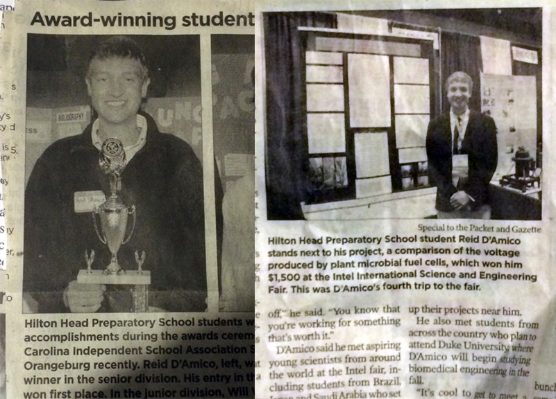 Newspaper clippings lauding Reid's Intel ISEF accomplishments.