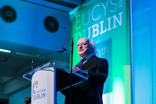 President of Ireland Michael D. Higgins stands at a podium