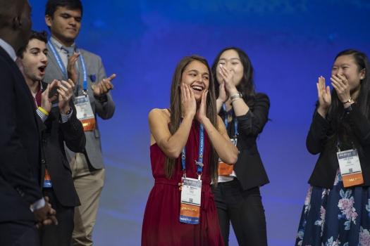 Hannah learning she won the best of category award during the Intel ISEF 2019 Grand Awards Ceremony