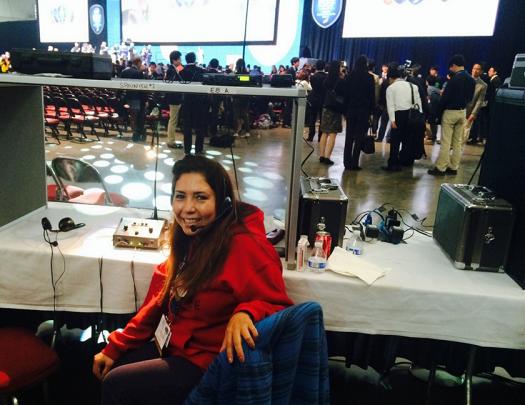 Leticia Aceret is a simultaneous interpreter at Intel ISEF.