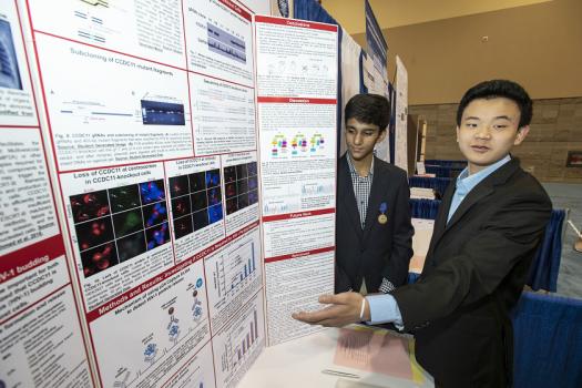 Poojan and Leo explain their findings at the Public Exhibition of Projects at ISEF 2019