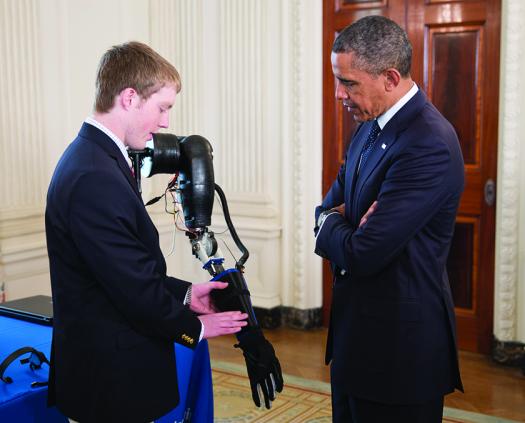 Then President Barack Obama learned about Easton's prosthetic robotic arm at the 2013 White House Science Fair.	