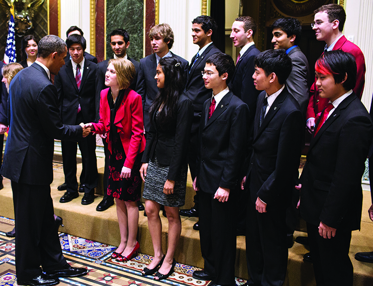 President Obama shaking hands with Meghan for Intel STS 2013. Photo courtesy of SSP.