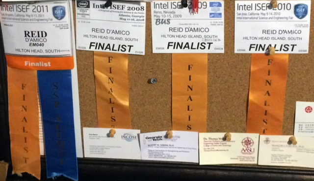 Reid's Intel ISEF ribbons.