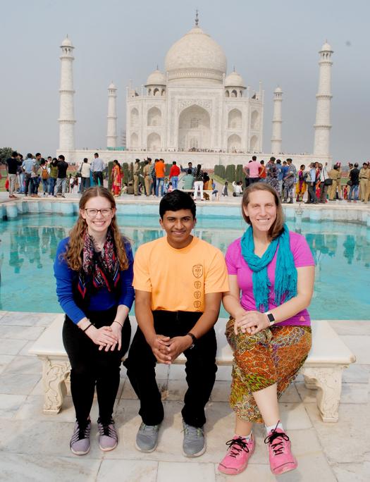 Clara, Rahul, and Lisa Icenroad, the Intel ISEF Program Manager, at the Taj Mahal.