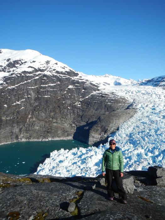 Dr. Twila Moon during field work to study how the glacier and ocean interact at the LeConte Glacier, Alaska, on a National Science Foundation project.