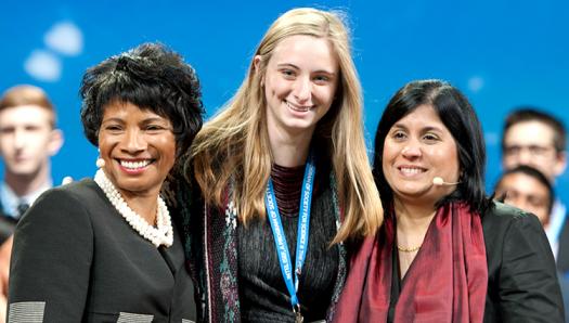 Natalie Bush (center) on stage at the 2016 Intel ISEF with Roz Hudnell (left), Intel Corporation's Chief Diversity Officer, and Maya Ajmera (right), President & CEO of Society for Science & the Public.	