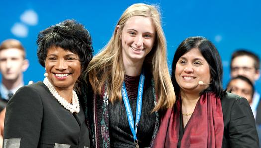 Natalie Bush (center) on stage at the 2016 Intel ISEF with Roz Hudnell (left), Intel Corporation's Chief Diversity Officer, and Maya Ajmera (right), President & CEO of Society for Science & the Public.