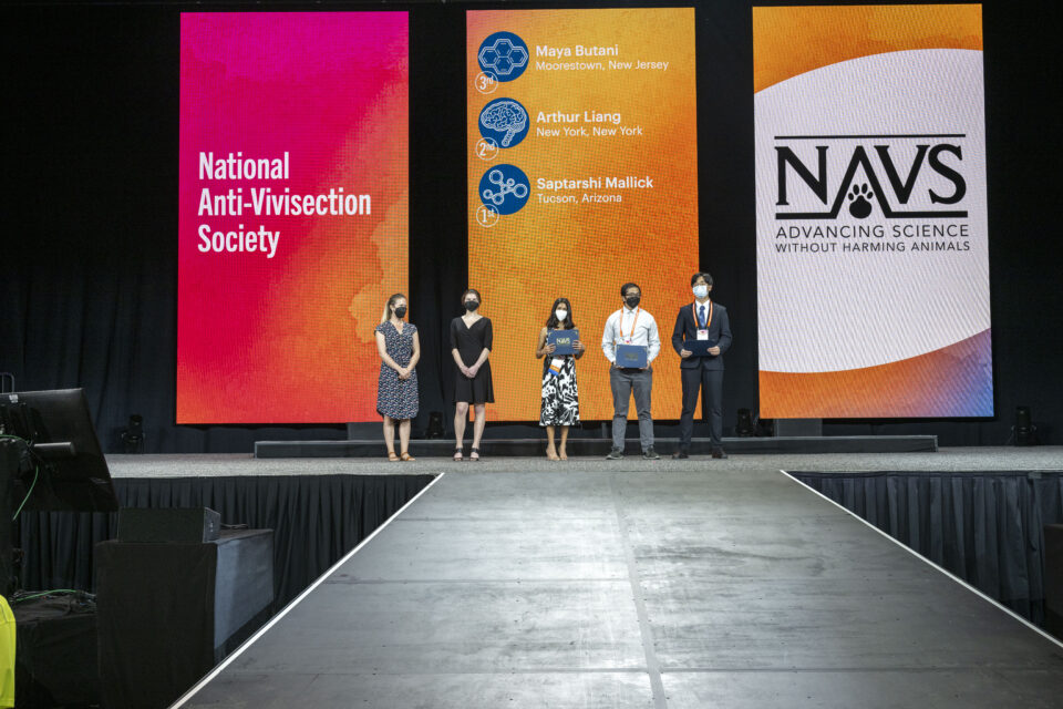 Winners of a Special Award from the National Anti-vivisection Society stand on stage at Regeneron ISEF 2022