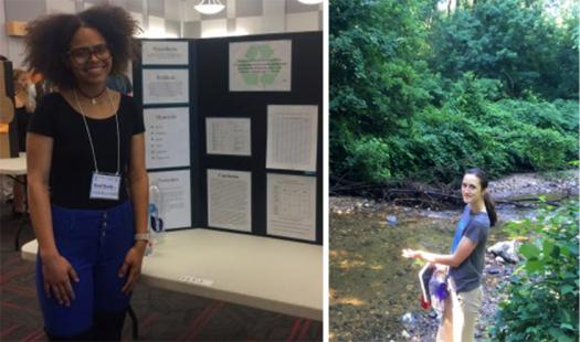 Monea (left) researches climate change. Claire (right) studies ways to decrease bacteria in stormwater filtration systems.