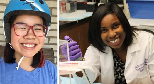Tina (left) created a wind reduction device for people who use hearing aids. Kearra (right) researches how to inhibit cancer.