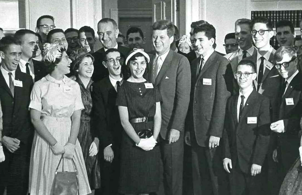 President Kennedy and Vice President Johnson with the 1961 Science Talent Search finalists in the White House.