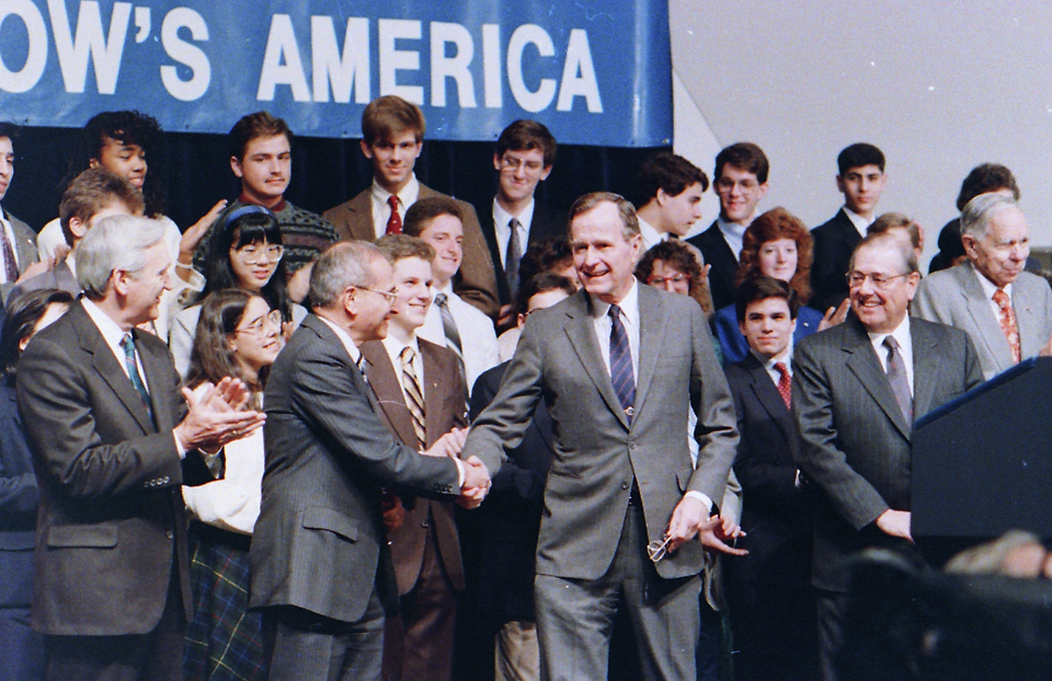 President GHW Bush speaks at the 1989 Science Talent Search finalists at the awards ceremony.