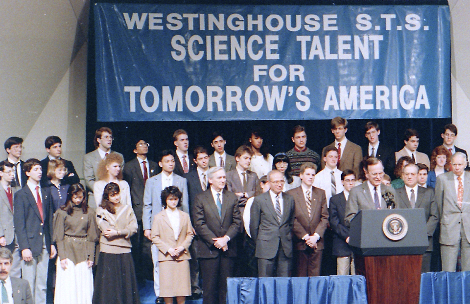 President GHW Bush speaks at the 1989 Science Talent Search finalists at the awards ceremony.