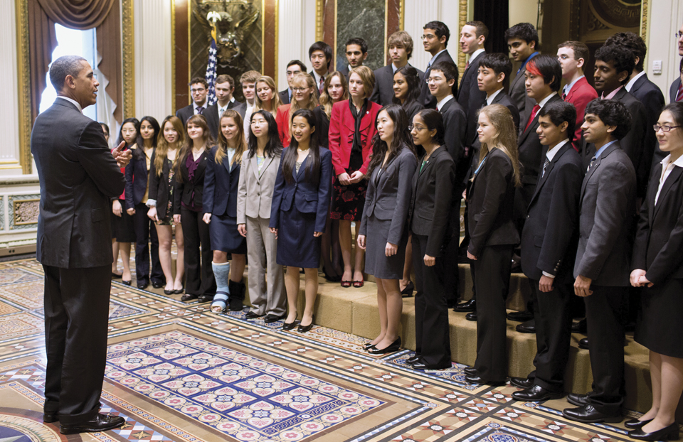 President Barack Obama greets and talks with the 2013 Intel Science Talent Search finalists