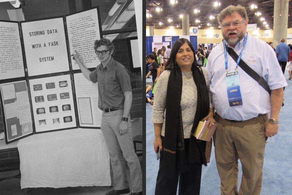 Left: Dennis pictured with his science poster in the early 1970’s. Right: Dennis poses with Maya Ajmera, President & CEO of the Society at ISEF 2019 in Phoenix.