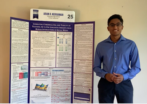 Arjun Neervannan and his project, "Combating Cyberbullying and Toxicity by Teaching AI to Use Linguistic Insights from Human Interactions in Social Media."
