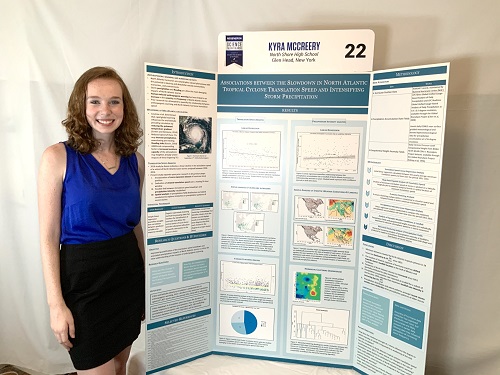 Kyra McCreery and her project, "Associations between the Slowdown in North Atlantic Tropical-Cyclone Translation Speed and Intensifying Storm Precipitation."