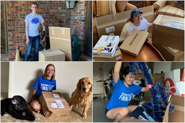 STS finalists received lots of packages from the Society. Pictured: Brendan Crotty, Sonja Michaluk, Lillian Kay Petersen and Cynthia Chen.
