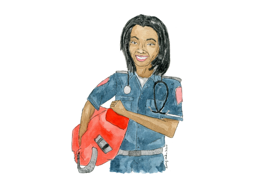 Portrait of Anaiah Thomas, who is an EMT and has assisted with CPR and delivering a baby/ Illustrated by Amy Wike