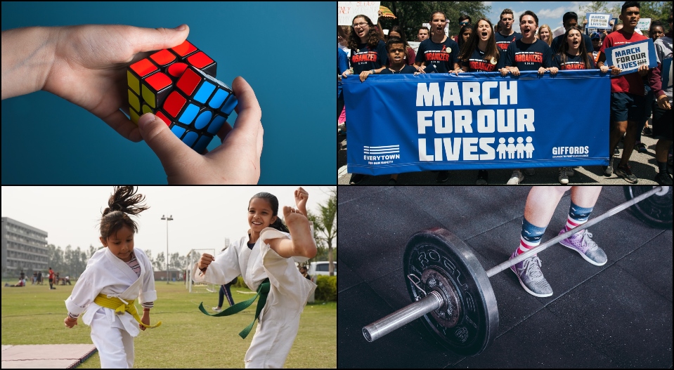 grid image of rubik's cube, march for our lives, taekwondo and weightlighting