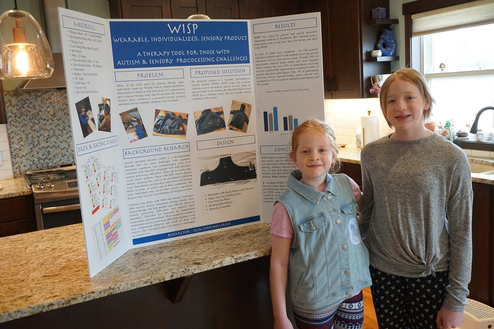 Ella Holleran, Lemelson Early Inventor Prize winner, pictured with sister and project