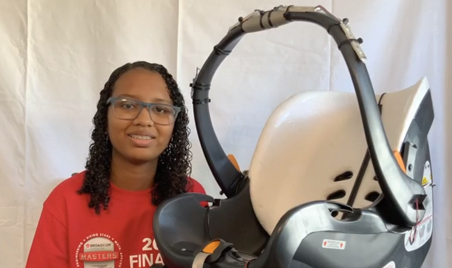 Broadcom MASTERS 2020 finalist Elise Rina with a redesigned car seat