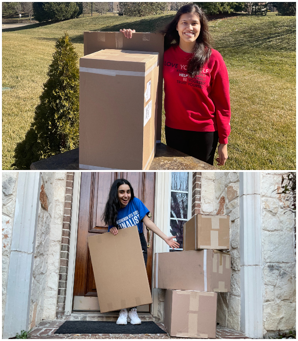 Regeneron STS 2021 finalists Laalitya Acharya and Parisa Vaziri with boxes of equipment