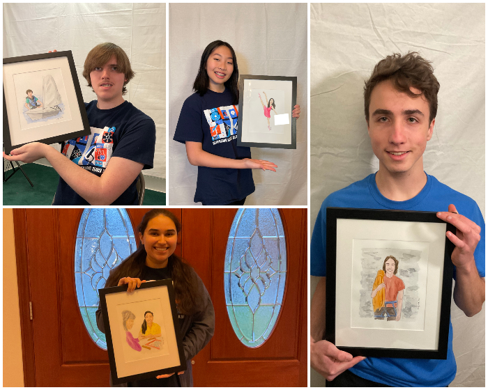 Regeneron STS 2021 finalists Michael Pavelchek, Amy Zhou, Anushka Sanyal and Andrei Mandelshtam pictured with their portraits drawn by Amy Wike