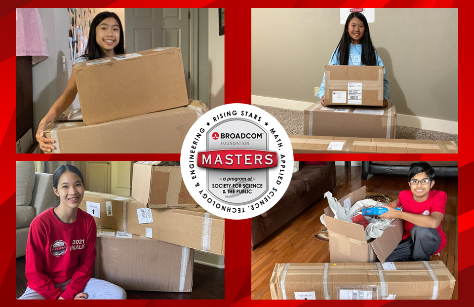 2021 Broadcom MASTERS unpack their supply boxes. Pictured Clockwise: Judy Bai, Angela Zhan, Hailey Van and Nipun Rajan.