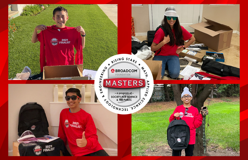 2021 Broadcom MASTERS finalists unpacked their swag boxes ahead of finals week. Pictured clockwise: Eamon Gordon, Prisha Shroff, Vihaan Paliwal and Raunak Singh.