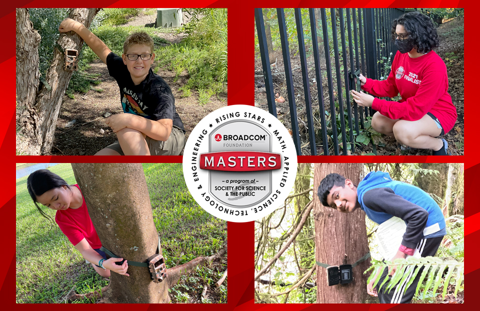 Finalists prepared for one of their challenges by setting up an outdoor trail camera ahead of Broadcom MASTERS finals week. Pictured clockwise: Charles Gorman, Camellia Sharma, Anneliese Hsiao and Arjun Agarwal.