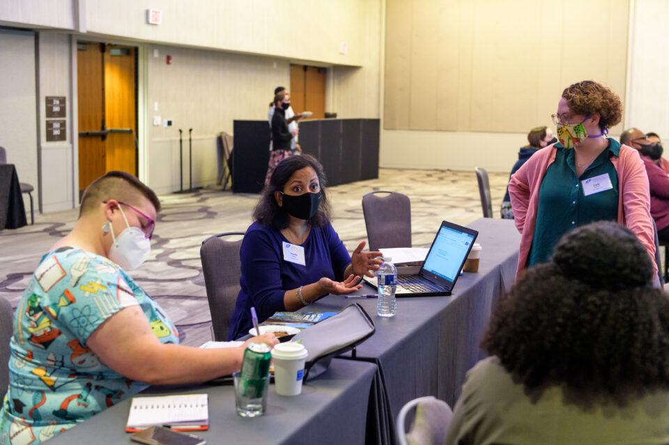 Teachers collaborate during the 2021 hybrid High School Research Teachers Conference