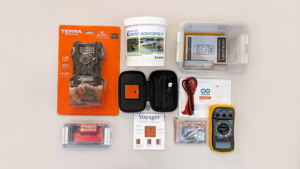 STEM Research kits including Arduino Starter Kits, PocketLab Voyagers, Trail Cameras, and LaMotte Water Monitoring kits.