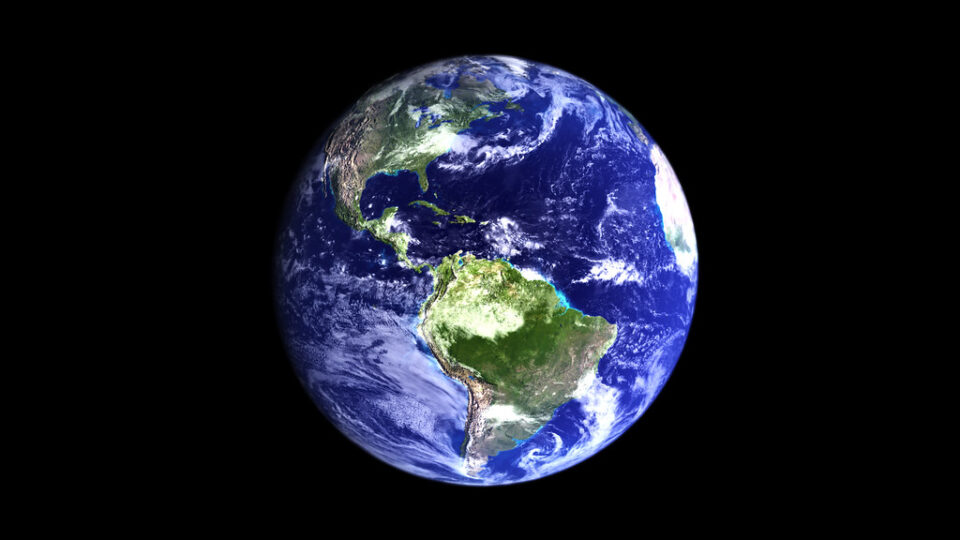 Planet Earth in space. North and South Americas are pictured.