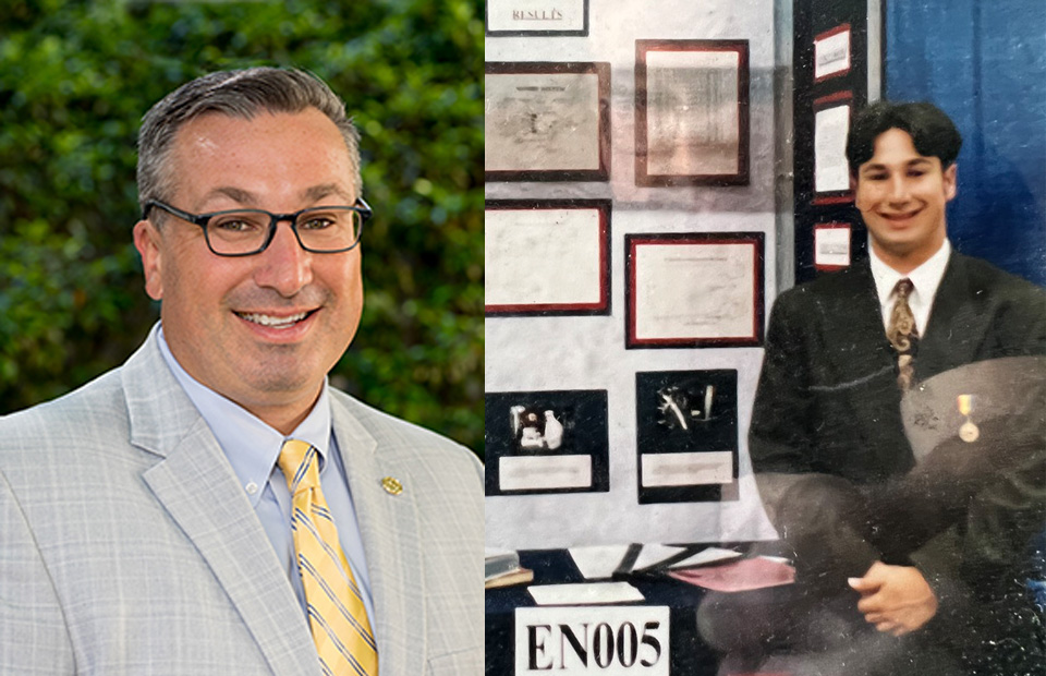 Two photos, side by side. Chris Mucha smiling in front of a green background (left) and Chris standing in front of his project board as an ISEF finalist in 1995