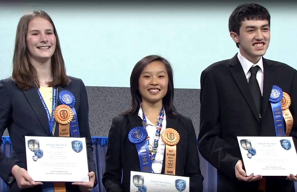 2013 ISEF SIYSS Award Winners on stage: Savannah Joy Tobin, Hannah Constance Wastyk, David Masao Zimmerman