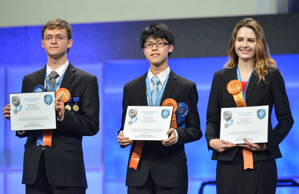 2014 ISEF SIYSS Award Winners on stage - Logan Collins, Yi-Hsuan Huang, Sarah Nicole Galvin