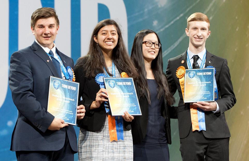 2016 ISEF SIYSS Award Winners on stage: Swetha Revanur, Wyatt Martin Pontius, Dennis Adrian Drewnik